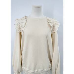 The Great. Ivory Cream Lace Ruffle Shoulder Sweatshirt French Terry Pullover L 3
